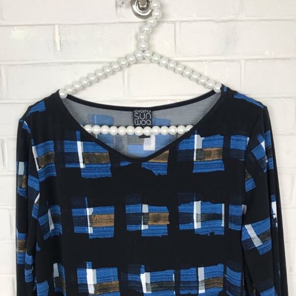 Clara Sun Woo Abstract Print Grid Stretch Knit Top Size S - Picture 3 of 8